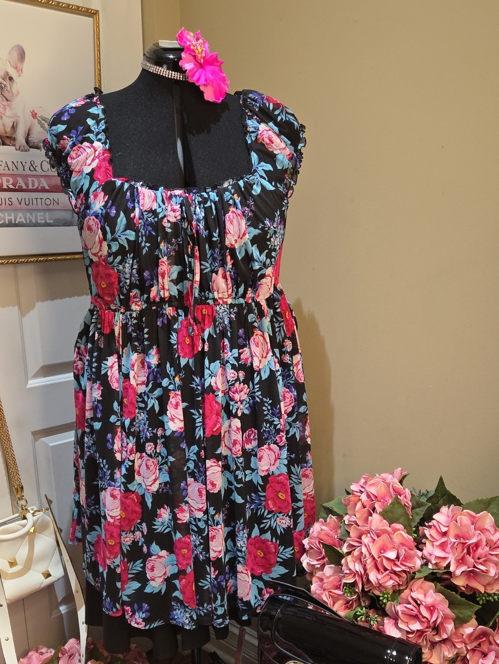 Floral Puff-Sleeve Midi Dress in Black with Pink & Blue Blooms